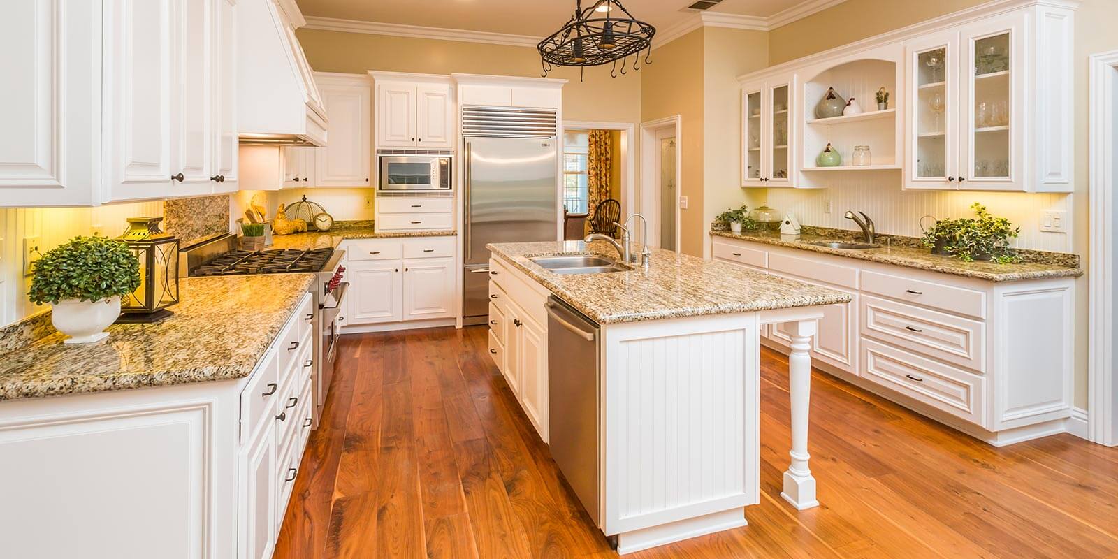 wooden flooring with marble worktops