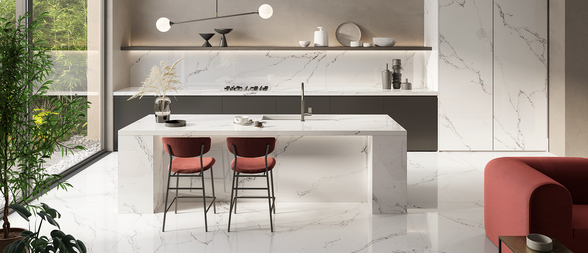 Quarella quartz worktop installed in a kitchen by Cawdor Stone Gallery